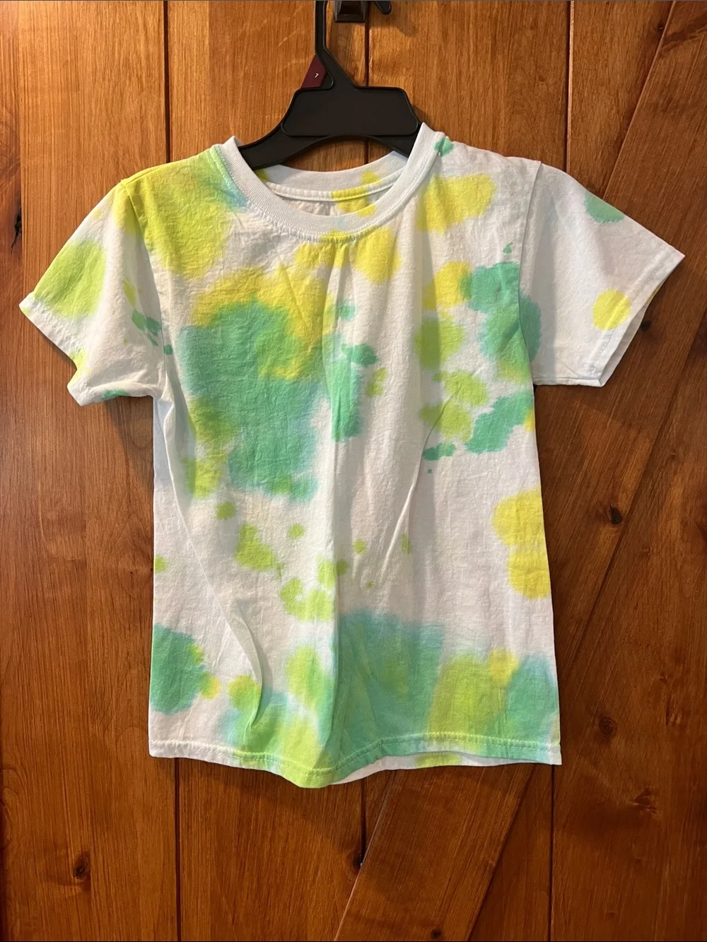 Hanes White Kids Tee with Green & Yellow Tie-Dye Splotches
